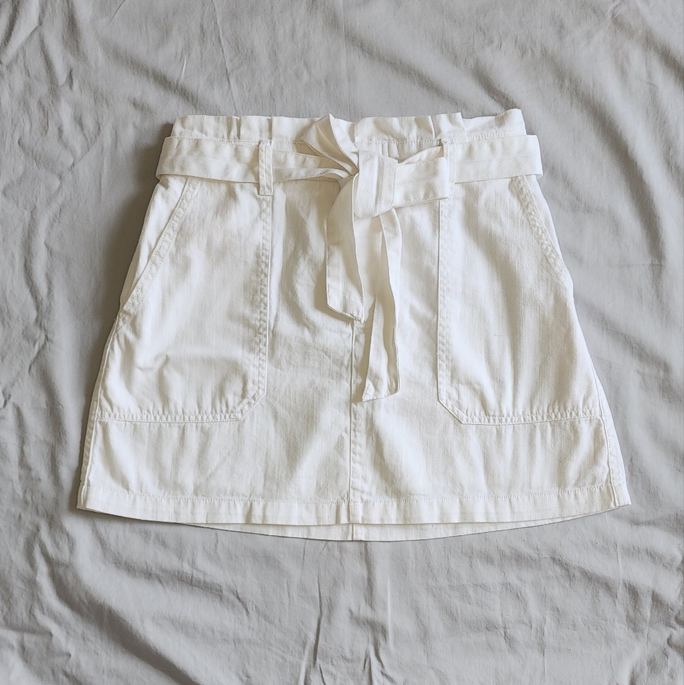 American Eagle 100%Cotton Elasticated Tie up Belted Paperbag Waist Skirt White M